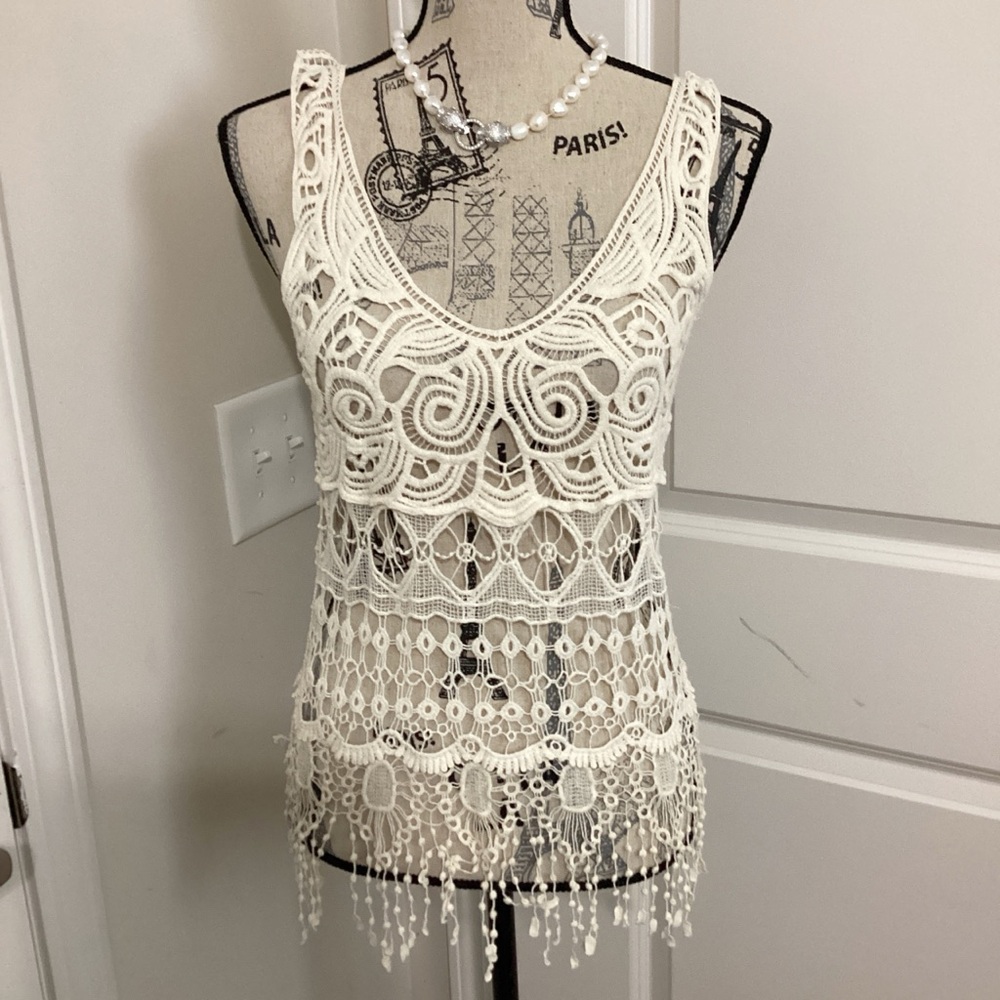 Dulcie Women’s Cream Embroidered Crochet Bohemian Sleeveless Top with Fringes